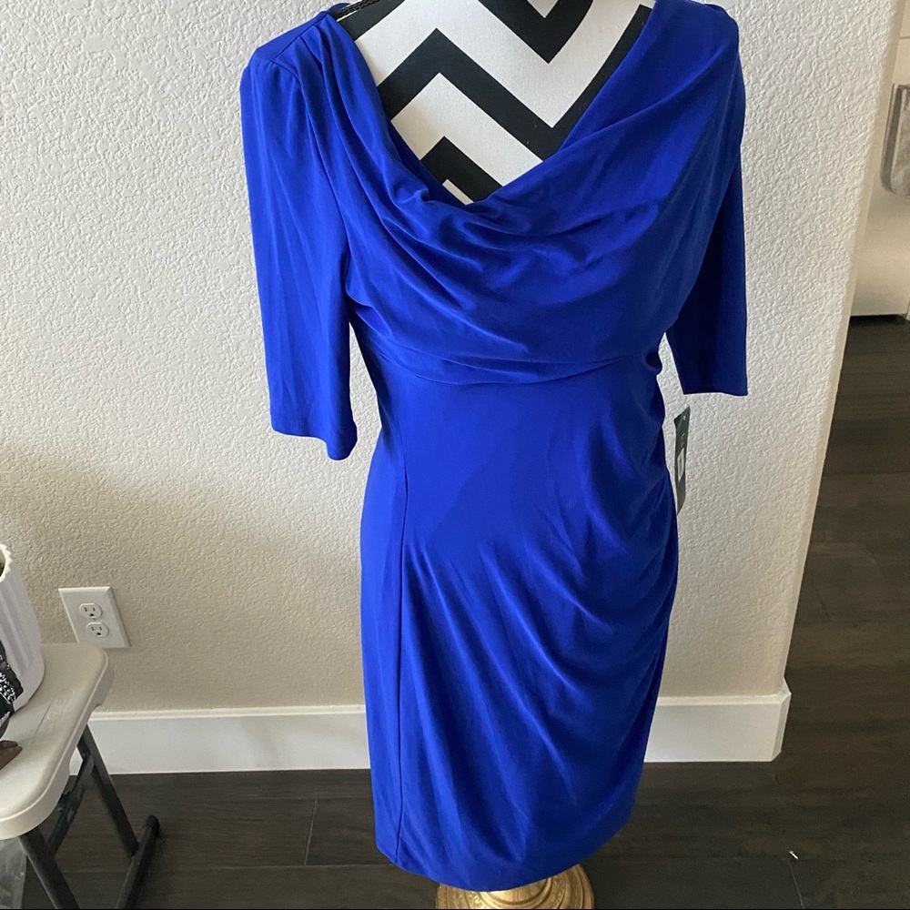 Lauren by Ralph Lauren || deep azure cowl neck sheath dress